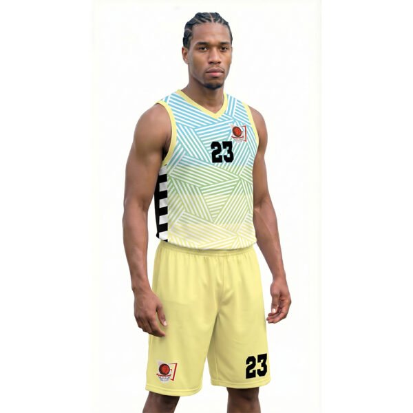 Sarı Mavi Renkli - Çizgili Basketbol Forması Çaprazdan Görünüm