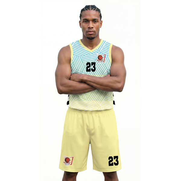 Sarı Mavi Renkli - Çizgili Basketbol Forması Önden Görünüm