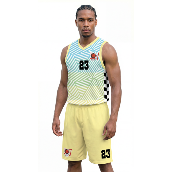 Sarı Mavi Renkli - Çizgili Basketbol Forması Çaprazdan Görünüm