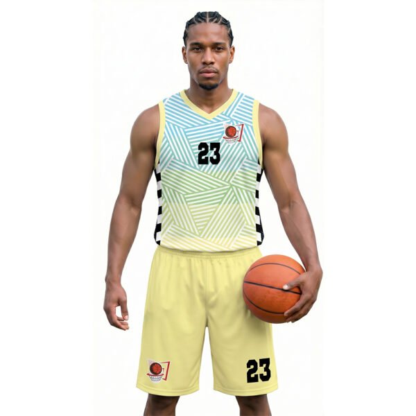 Sarı Mavi Renkli - Çizgili Basketbol Forması Önden Görünüm