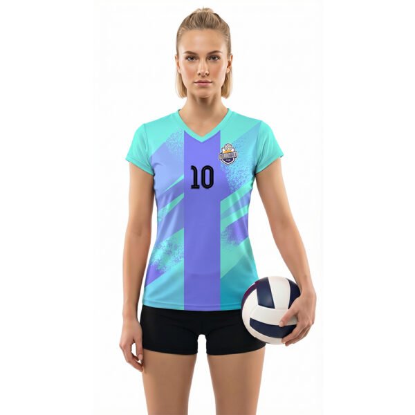 Turkuaz ve Açık Mavi - Desenli Voleybol Forması Önden Görünüm