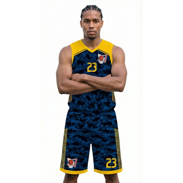 Sarı Koyu Mavi - Askeri Desenli Basketbol Forması Önden Görünüm