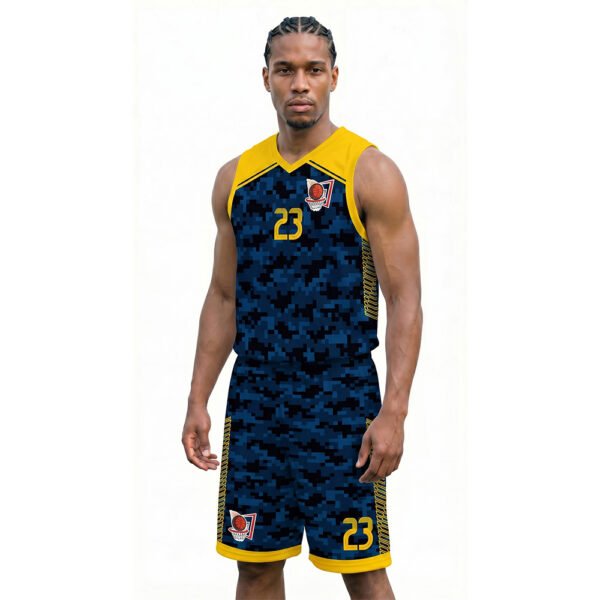 Sarı Koyu Mavi - Askeri Desenli Basketbol Forması Çaprazdan Görünüm