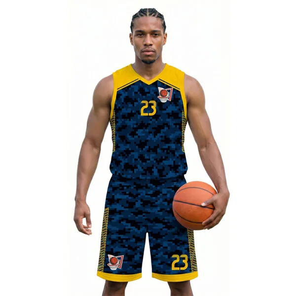 Sarı Koyu Mavi - Askeri Desenli Basketbol Forması Önden Görünüm