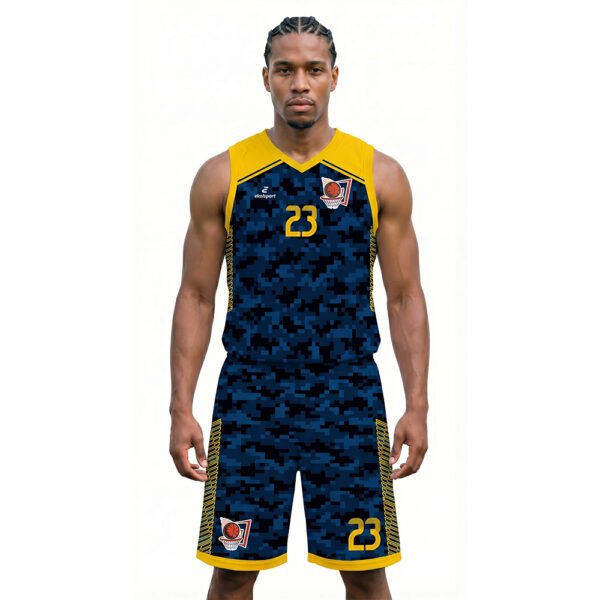 Sarı Koyu Mavi - Askeri Desenli Basketbol Forması Önden Görünüm