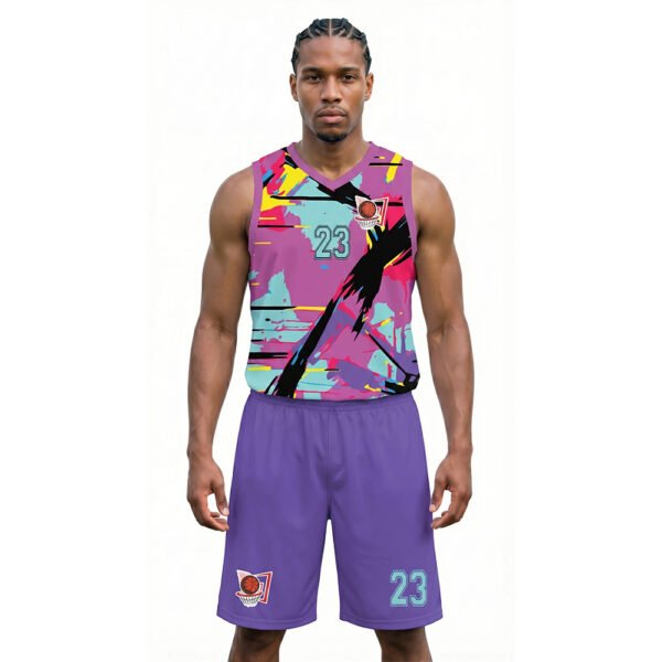 Pembe ve Çok Renkli - Desenli Basketbol Forması Önden Görünüm