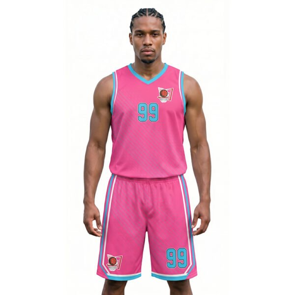 Pembe, Açık Mavi - Çizgili Basketbol Forması Önden Görünüm