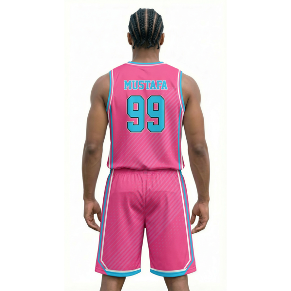 Pembe, Açık Mavi - Çizgili Basketbol Forması Arkadan Görünüm