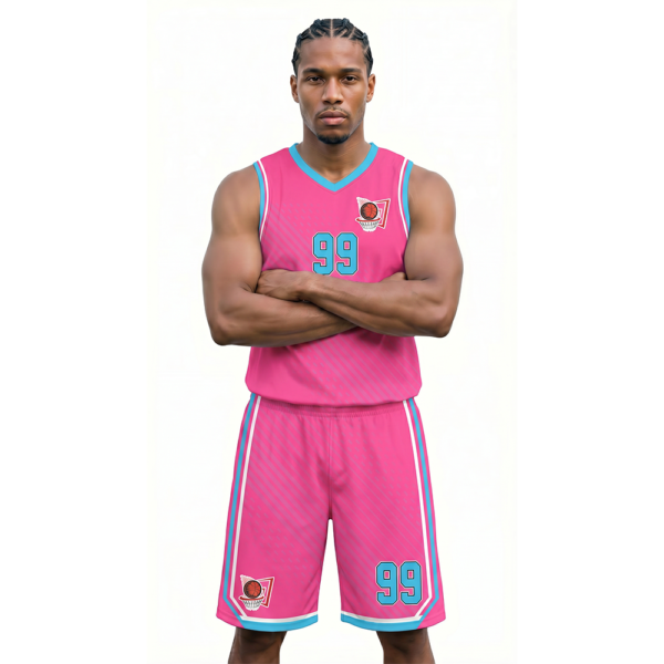 Pembe, Açık Mavi - Çizgili Basketbol Forması Önden Görünüm