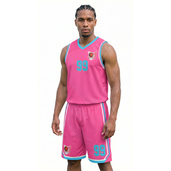 Pembe, Açık Mavi - Çizgili Basketbol Forması Çaprazdan Görünüm