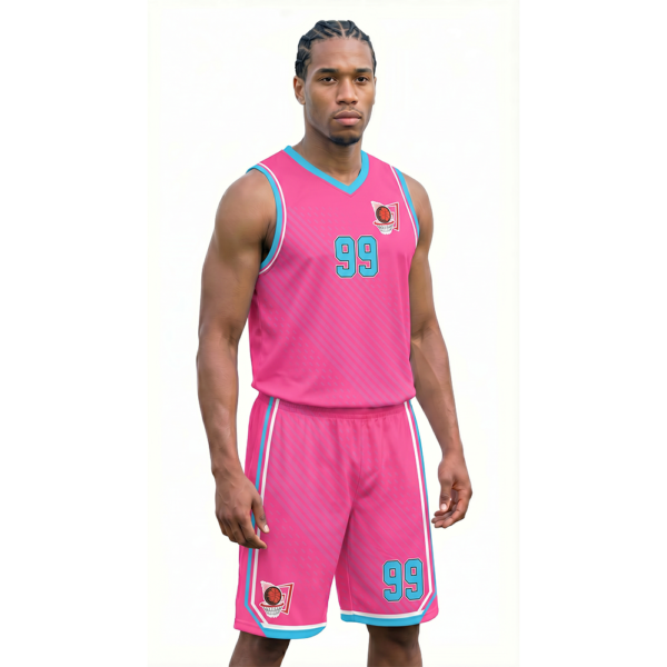 Pembe, Açık Mavi - Çizgili Basketbol Forması Çaprazdan Görünüm