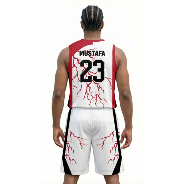 Beyaz ve Kırmızı - Desenli Basketbol Forması Arkadan Görünüm
