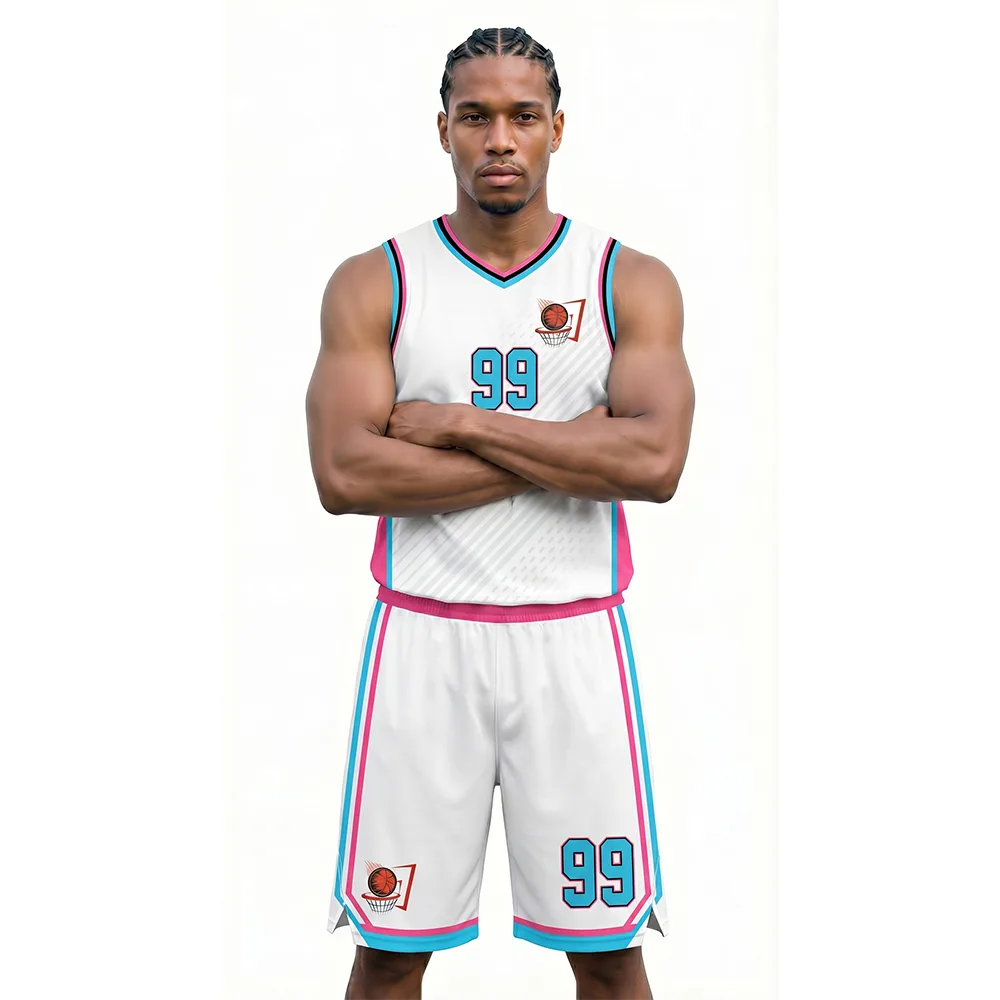 Beyaz, Pembe ve Açık Mavi - Çizgili Basketbol Forması Önden Görünüm