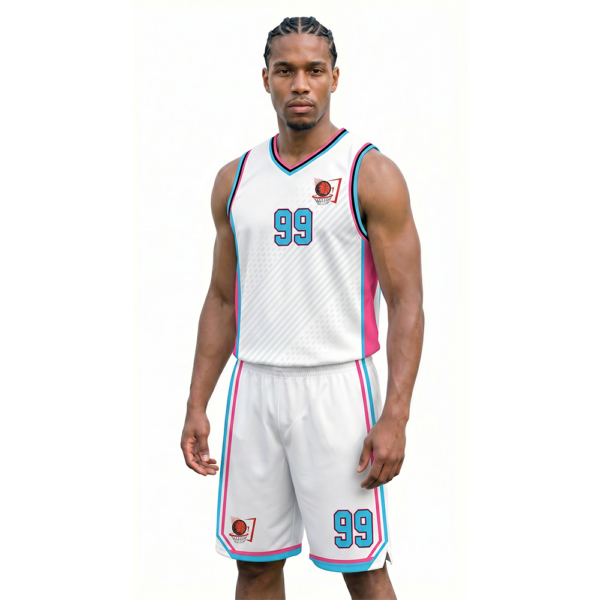 Beyaz, Pembe ve Açık Mavi - Çizgili Basketbol Forması Çaprazdan Görünüm