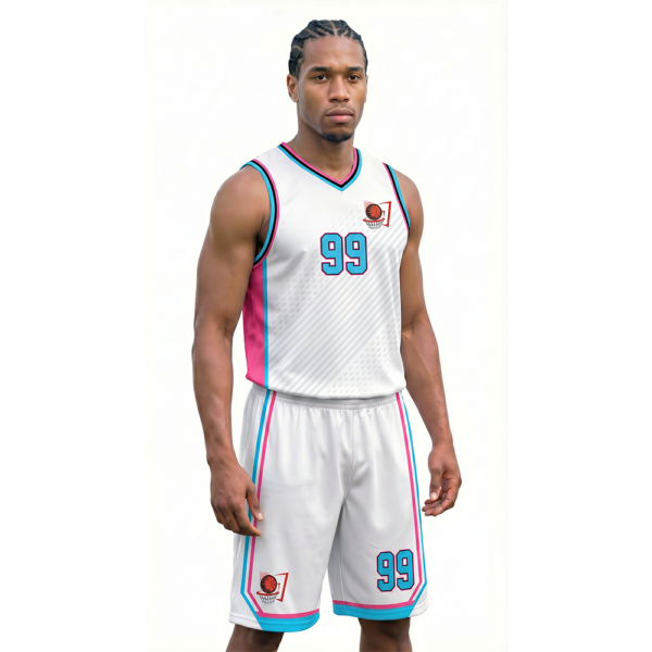 Beyaz, Pembe ve Açık Mavi - Çizgili Basketbol Forması Çaprazdan Görünüm
